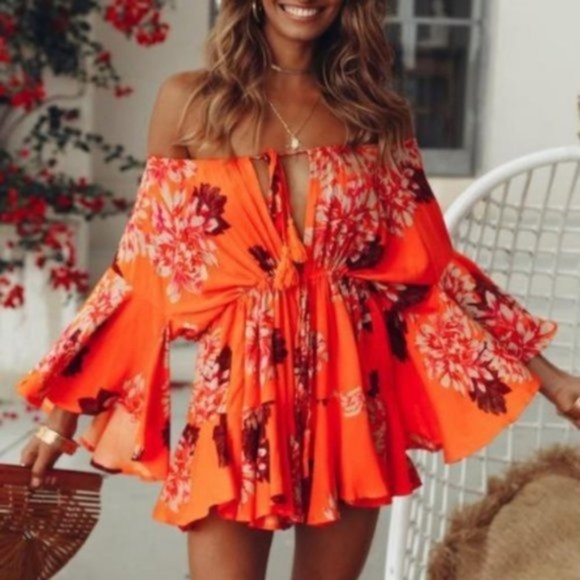 IN STOCK -Off Shoulder Bright Orange floral ROMPER - Picture 5 of 5